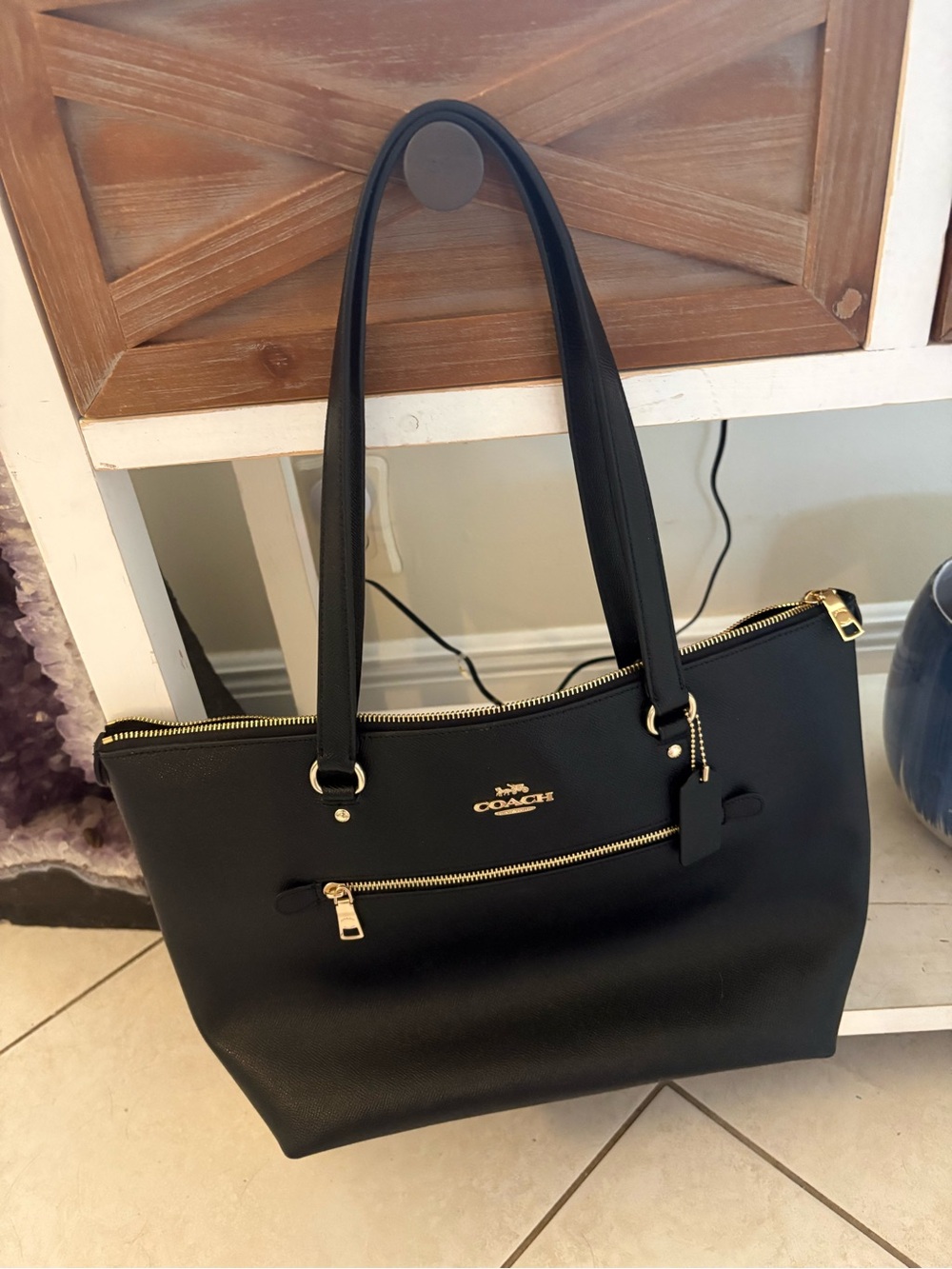Coach Black Leather Tote with Gold Accents